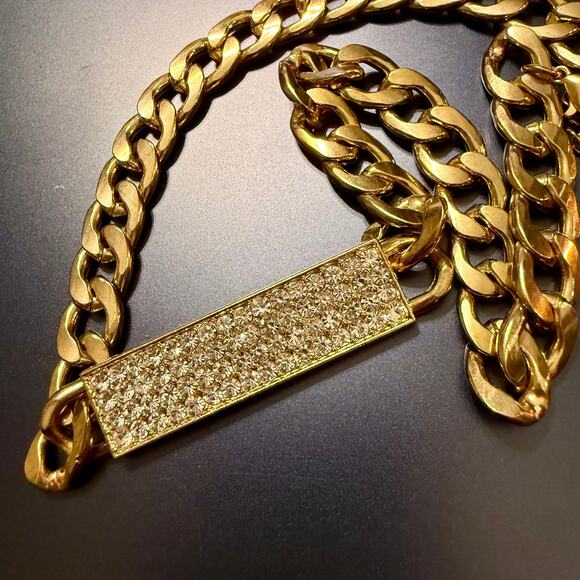 Thick Gold Tone Choker Chain Rhinestone Necklace - Picture 4 of 8